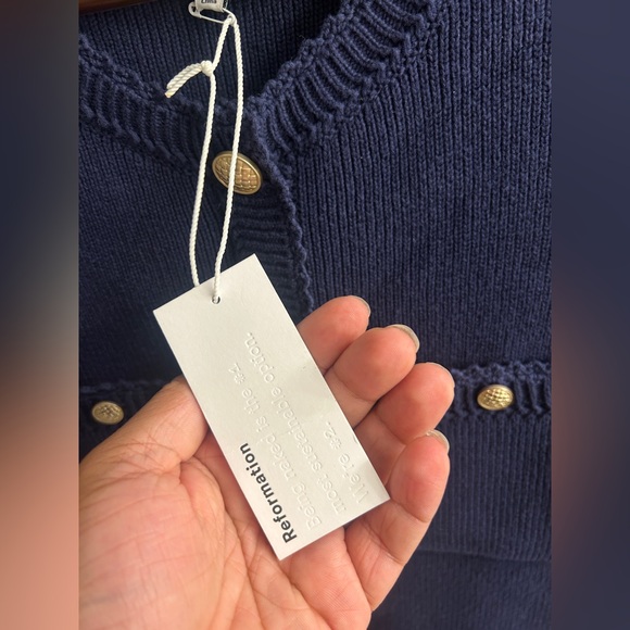 Reformation Large Catalina  Cotton Mini Dress size L Navy with Gold Details - Picture 7 of 10